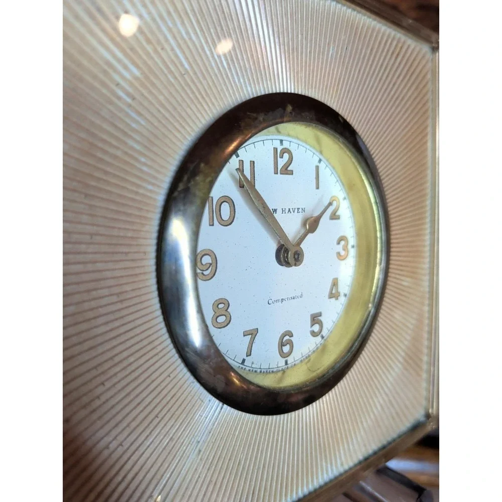Working Lucite/Brass Sunburst Art Deco Vintage New Haven Compensated Desk Clock